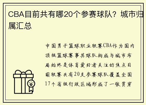 CBA目前共有哪20个参赛球队？城市归属汇总